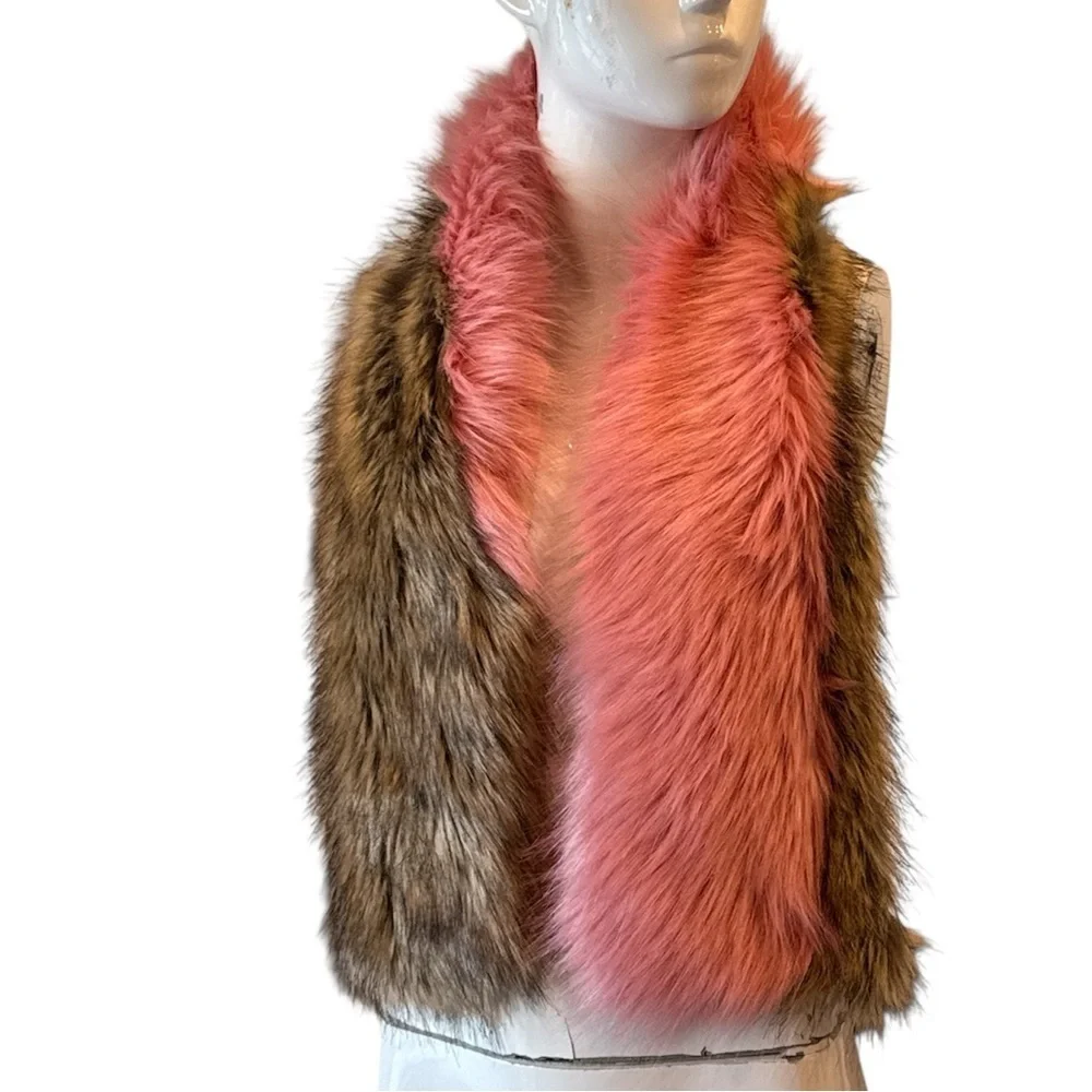 Faux Fur Colorblock Wrap Scarf Pink & Brown Glam Statement Stole Size OS